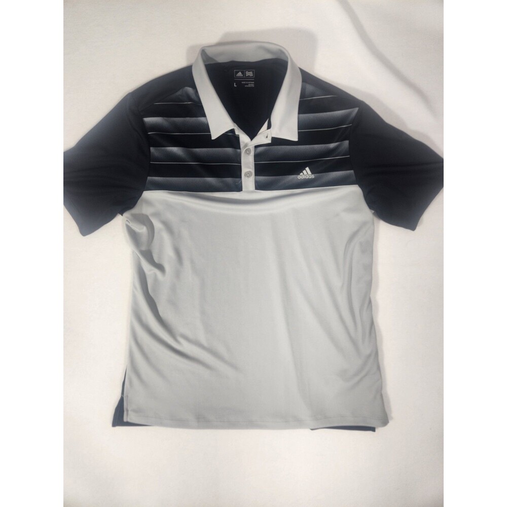 Mens Adidas Golf Athletic Polo Shirt Buttons Black Gray Stripe Size L Excellent!